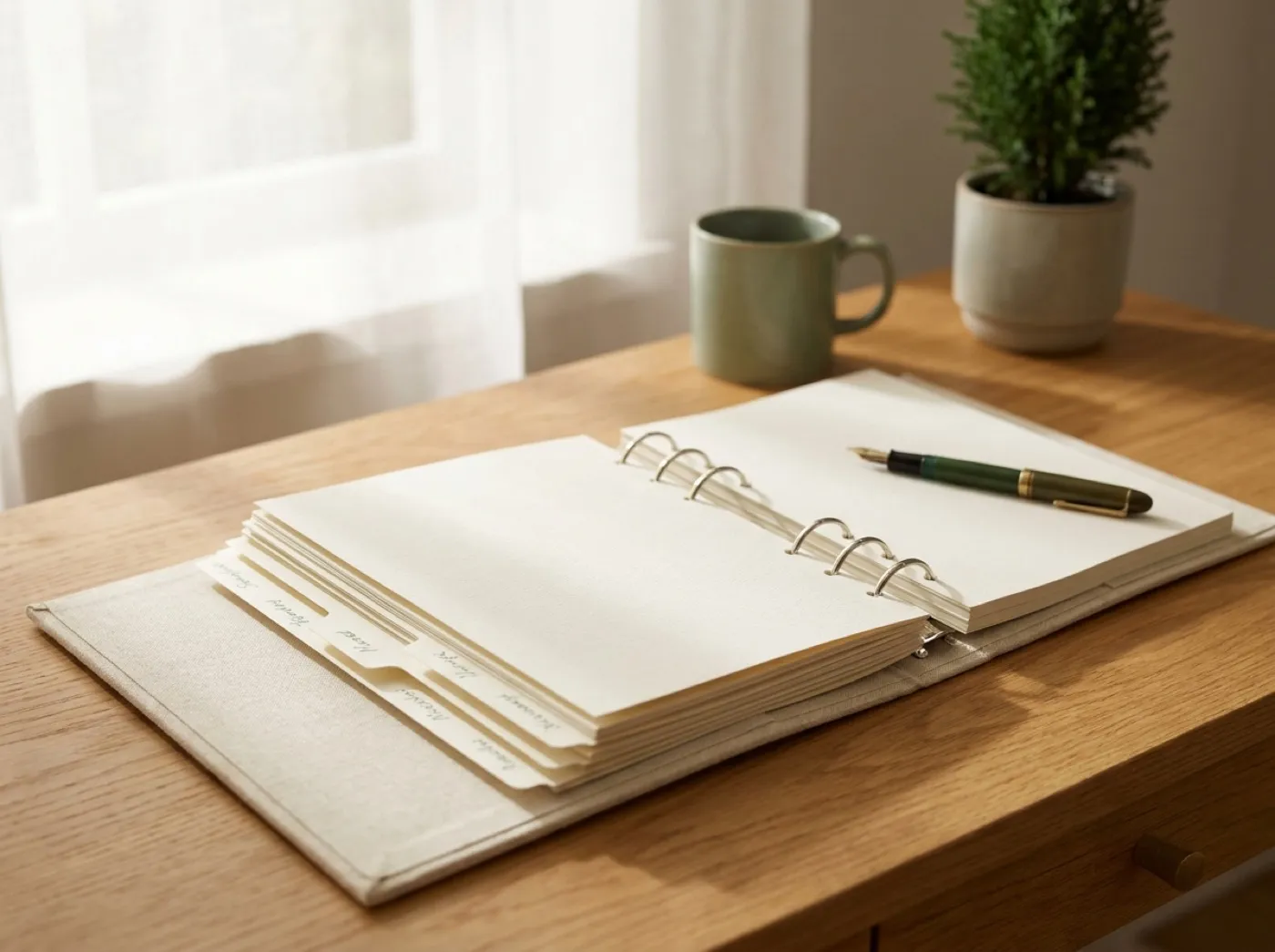An open linen binder with neat labelled tabs and a fountain pen on a warm oak desk