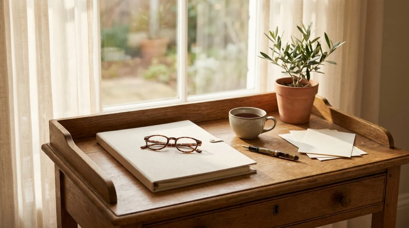 A calm, organised writing desk by a window — a linen folder, reading glasses and a cup of tea