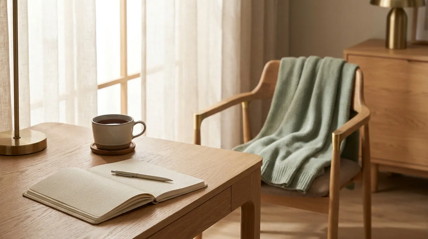 A calm desk with an open notebook and pen, a cup of tea, and a soft folded blanket over a nearby chair