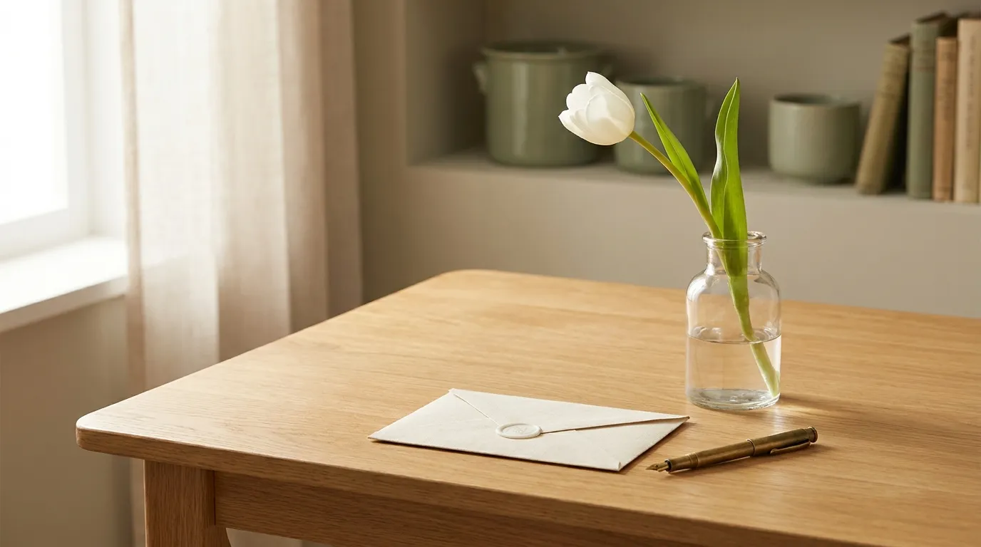 A single white tulip beside a sealed cream envelope and a fountain pen on a calm oak table by a window