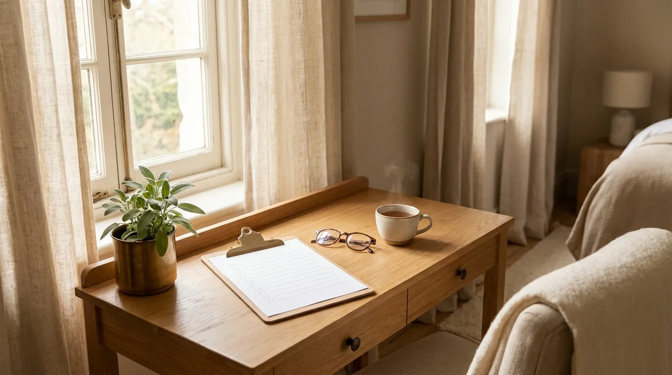 A tidy writing desk with a clipboard and checklist, reading glasses and a cup of tea by a sunlit window