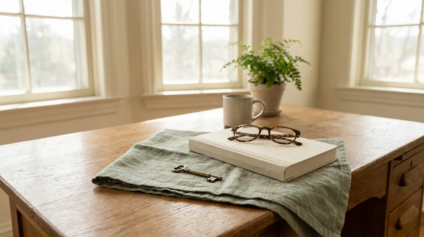 A small brass key on a folded linen cloth beside a closed notebook and reading glasses on a sunlit oak desk