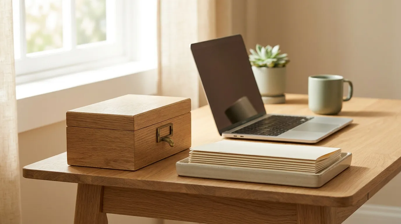 A small brass-handled wooden document box beside a laptop on an oak desk, papers neatly stacked
