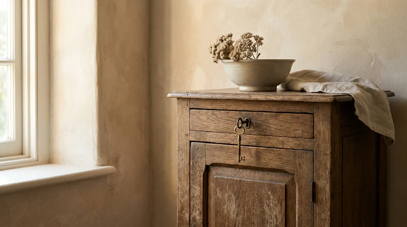 A small oak cabinet with a brass key in its lock against a sunlit wall