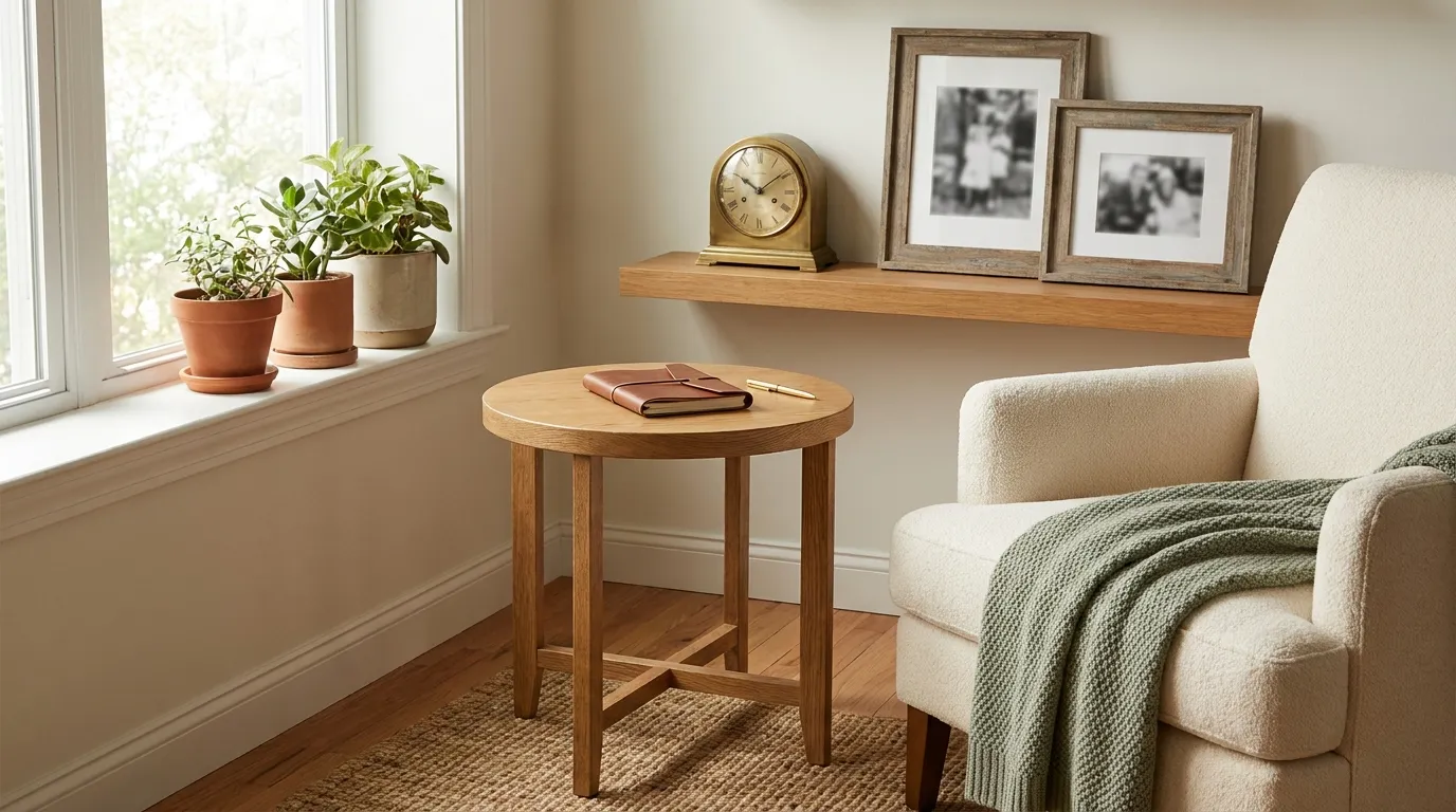 A cozy living room corner with a notebook and pen on a side table, an heirloom clock and framed photos softly lit