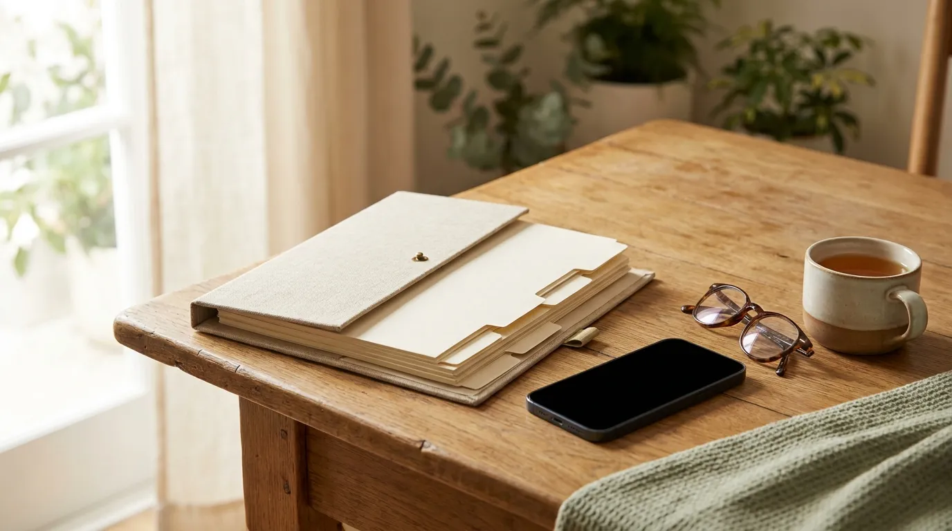 An open linen folder with neat tabs beside a phone with a dark screen, reading glasses and tea on an oak table by a window