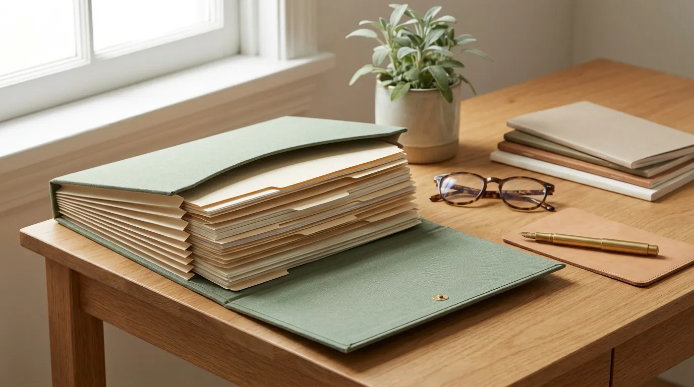 A labelled accordion document folder open on a desk with neatly sorted papers, reading glasses and a fountain pen