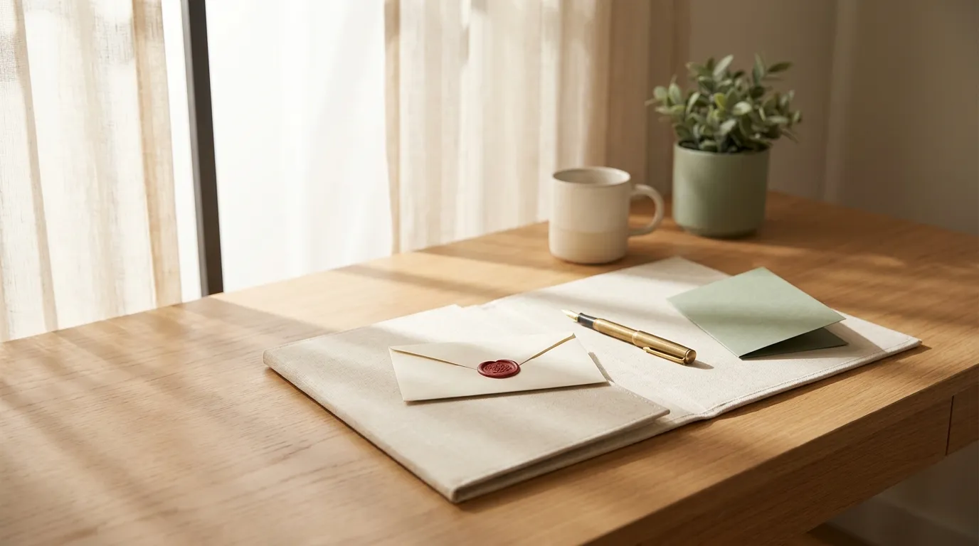 A wax-sealed envelope, a fountain pen and a folded card on a notary's oak desk in morning light