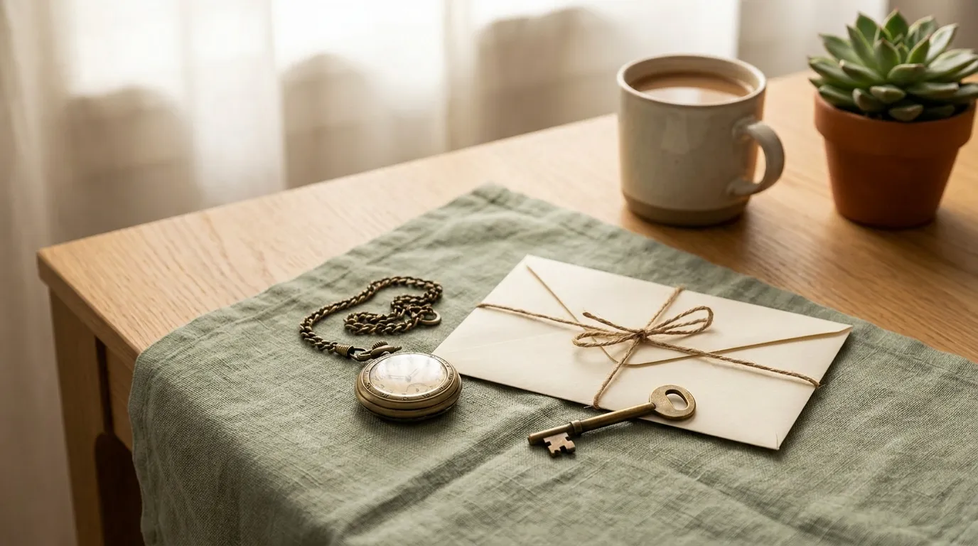 An old brass pocket watch beside a sealed envelope and a house key on a linen cloth on an oak desk