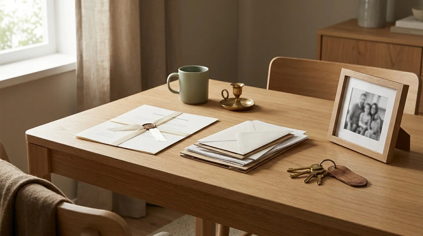 A formal document beside a stack of everyday papers, keys and a photo frame on an oak table in soft window light