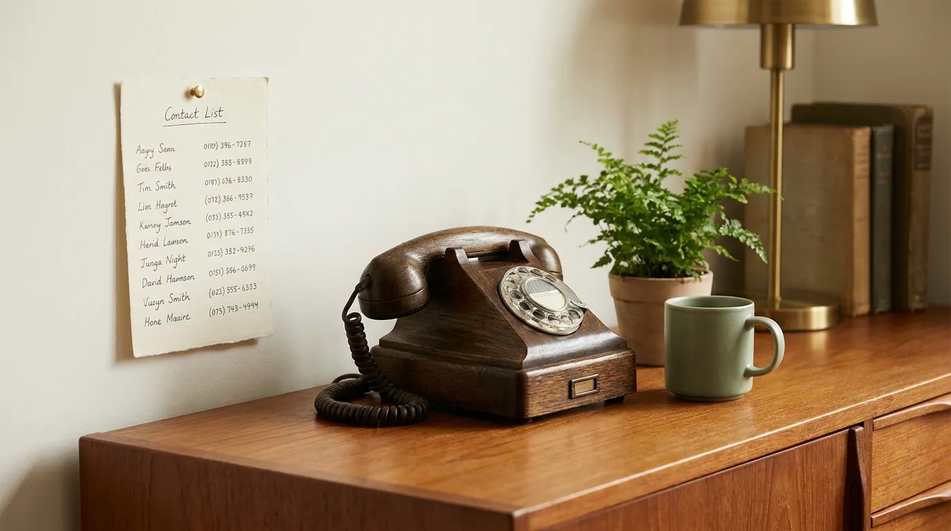 A handwritten contact list on cream paper beside a rotary phone on a warm wooden sideboard