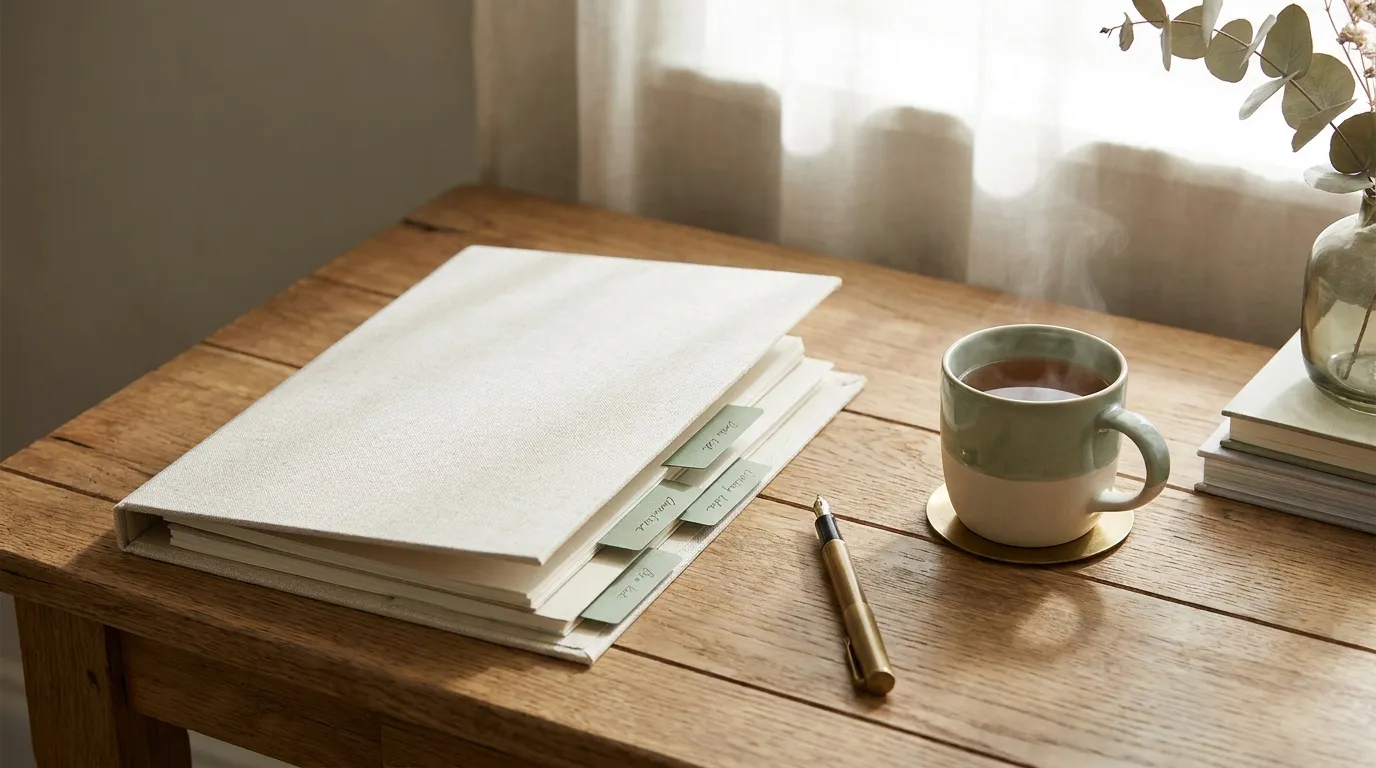 An open linen folder with labelled tabs and a fountain pen on a sunlit oak desk, a cup of tea nearby