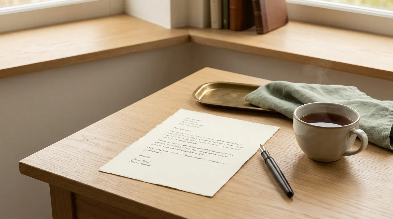 A handwritten letter in progress on cream stationery with a fountain pen and a cup of tea in warm morning light