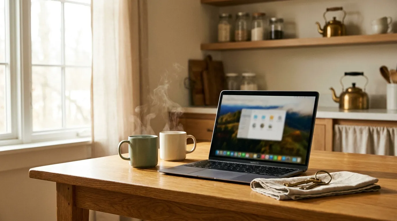 Two coffee cups and an open laptop on a shared kitchen table with a set of house keys on a brass ring nearby, in warm light