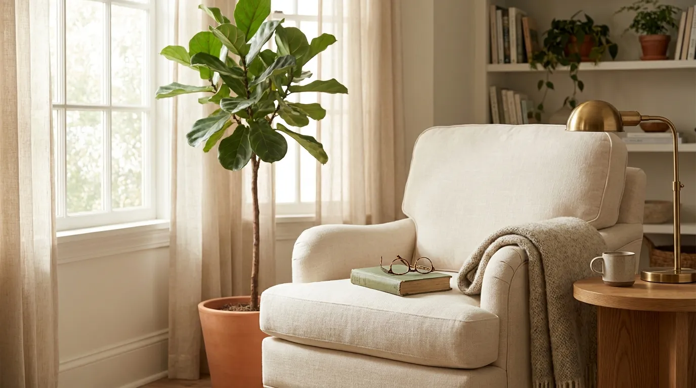 A single armchair with a book and reading glasses beside a tall plant in warm window light