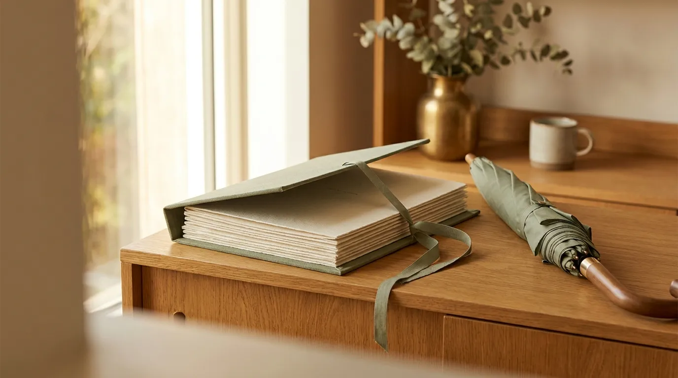 A neat stack of policy documents in a sage folder with an umbrella leaning against a sunlit oak cabinet