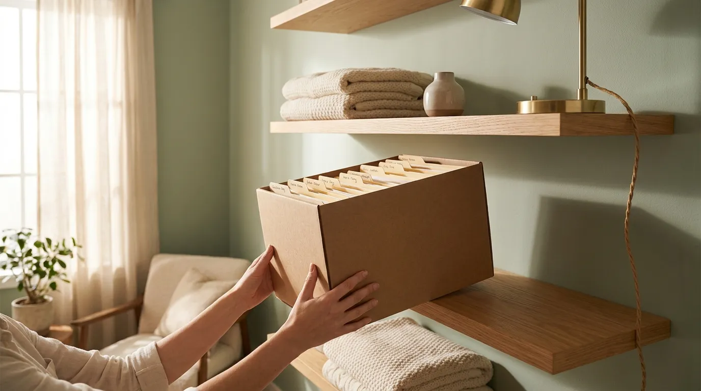 A cardboard archive box with neatly labelled folders being lifted from an oak shelf in warm light