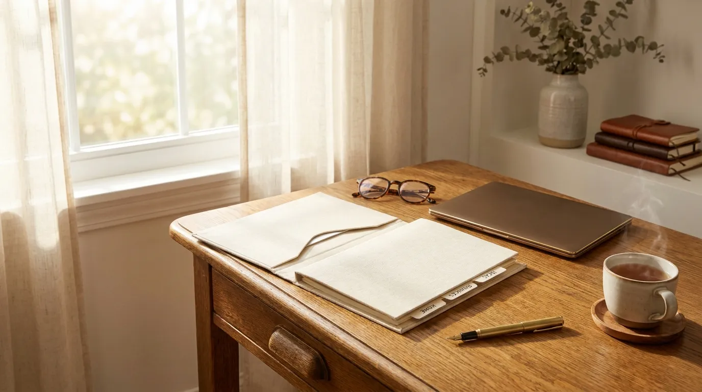 A tidy oak desk by a sunlit window with an open linen folder of labelled tabs, reading glasses, a fountain pen and a cup of tea