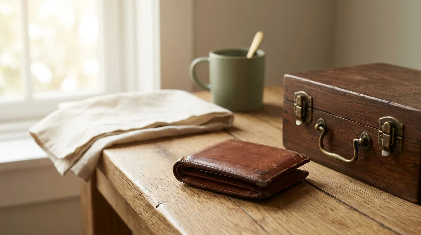 A leather wallet next to a small wooden strongbox on an oak table in warm window light
