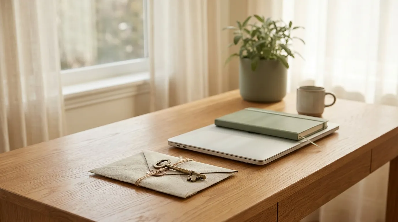 A brass key resting on a sealed linen envelope beside a closed laptop on an oak desk by a window