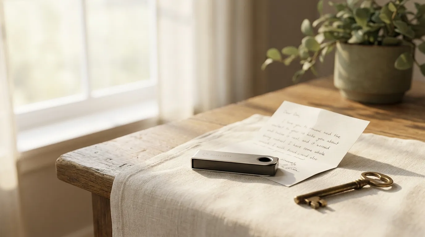 A small hardware wallet and a folded handwritten note on cream linen next to a brass key