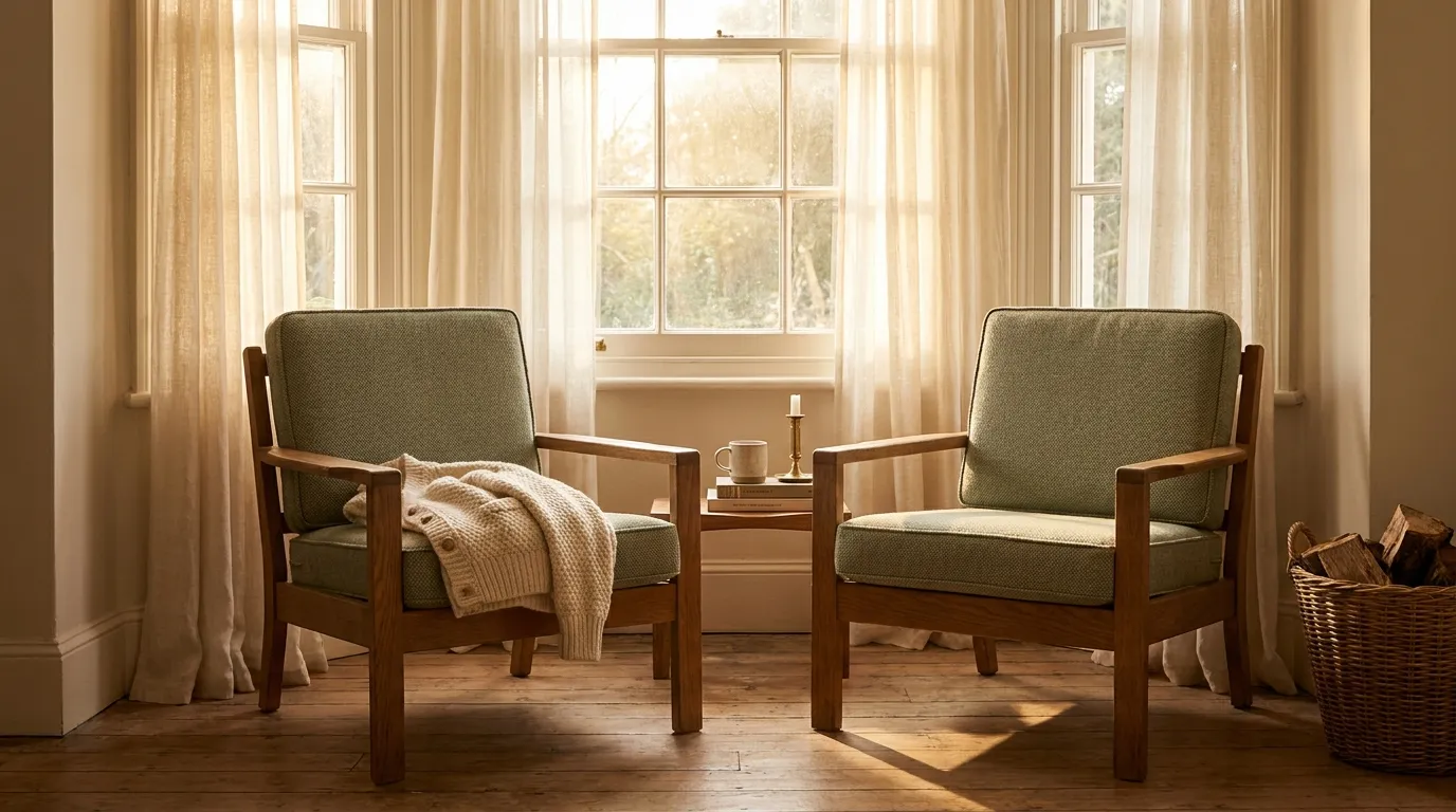 Two chairs by a window in soft morning light, a folded cardigan resting on one of them