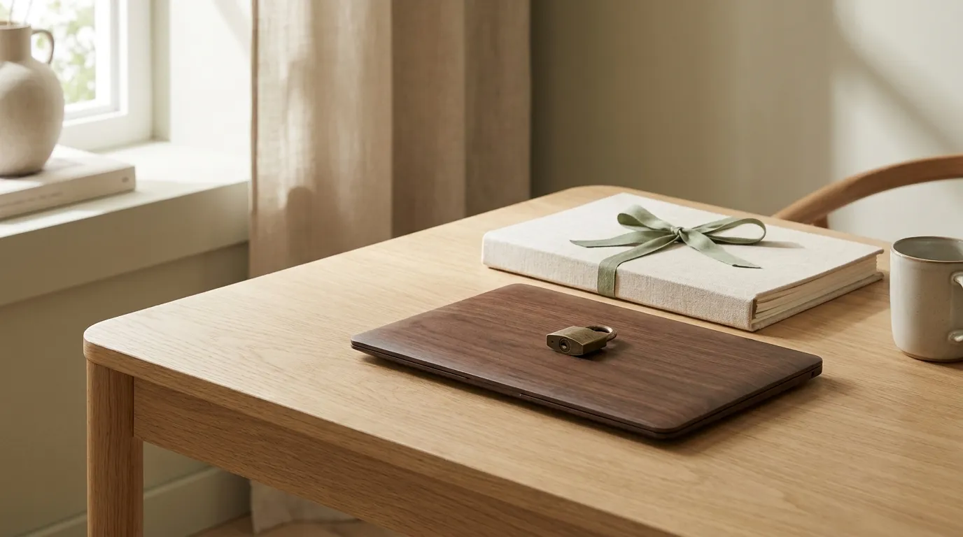A closed laptop with a small brass padlock resting on it, on a calm oak desk beside a linen folder