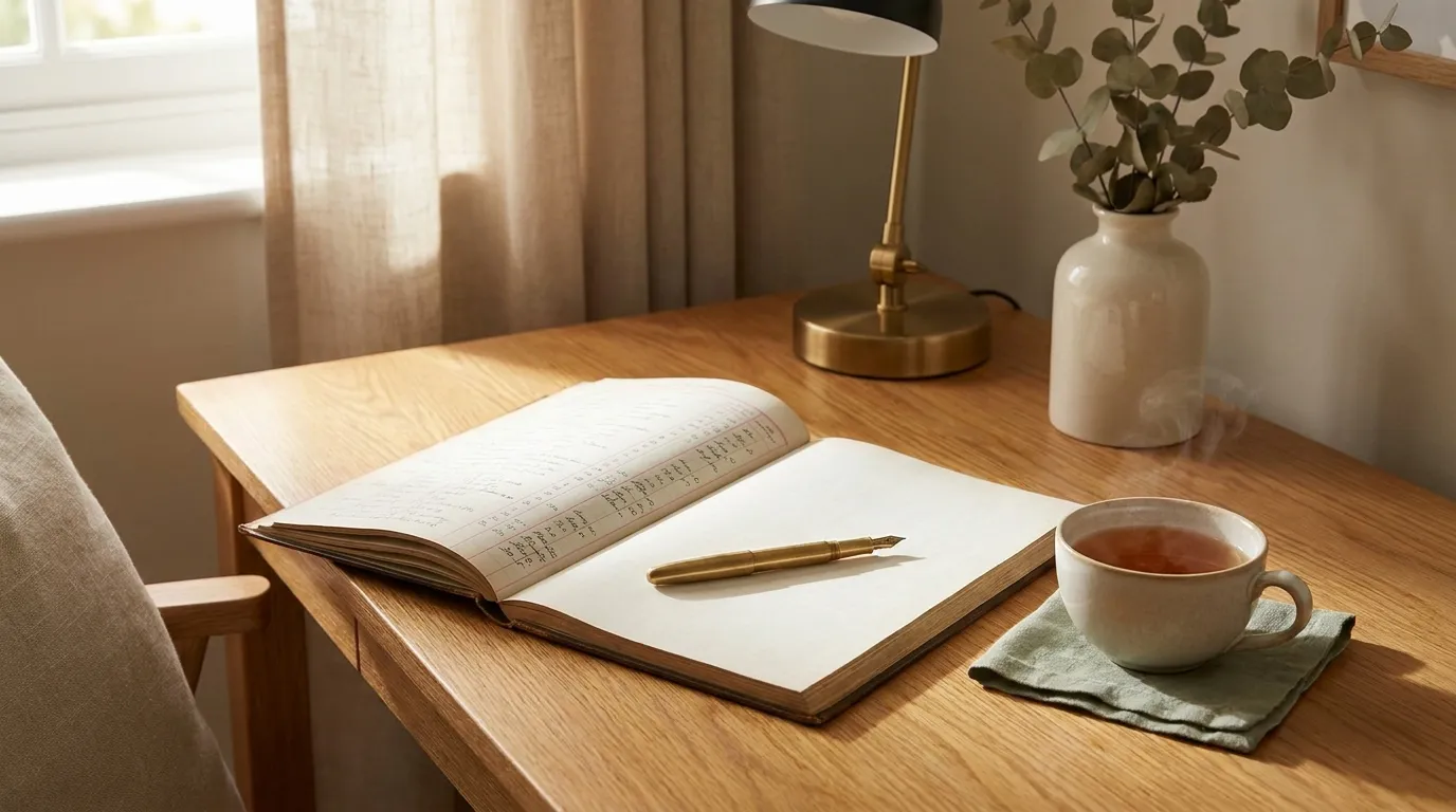 A tidy desk with an open ledger, a brass pen resting on the page and a cup of tea in warm morning light