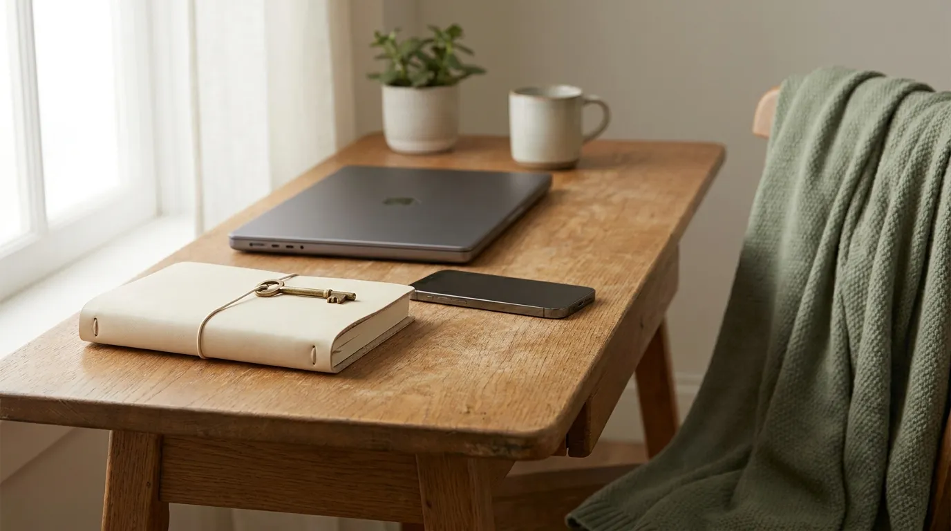 A phone lying face-down beside a closed laptop and a brass key on a leather notebook on an oak desk