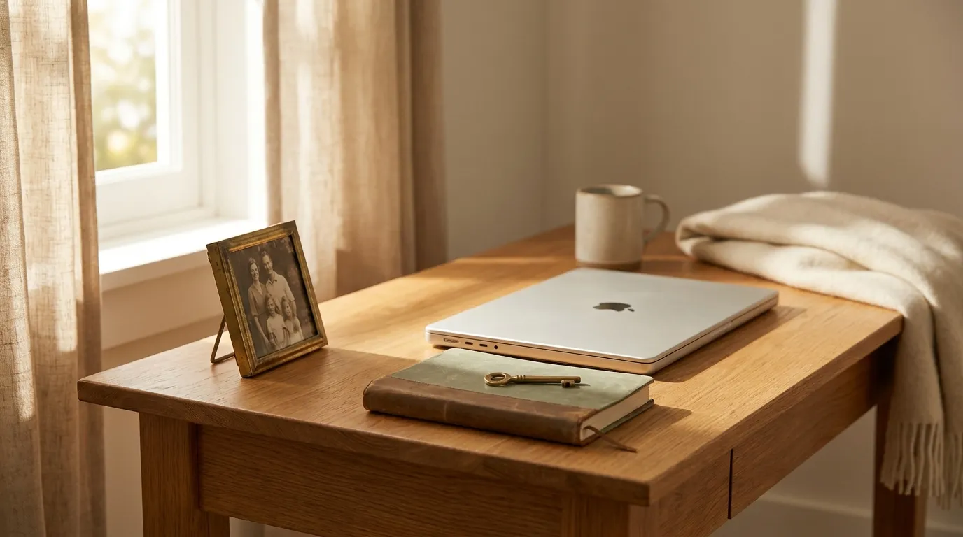 A closed laptop on an oak desk beside a small framed family photo, with a brass key resting on a leather notebook in soft morning light