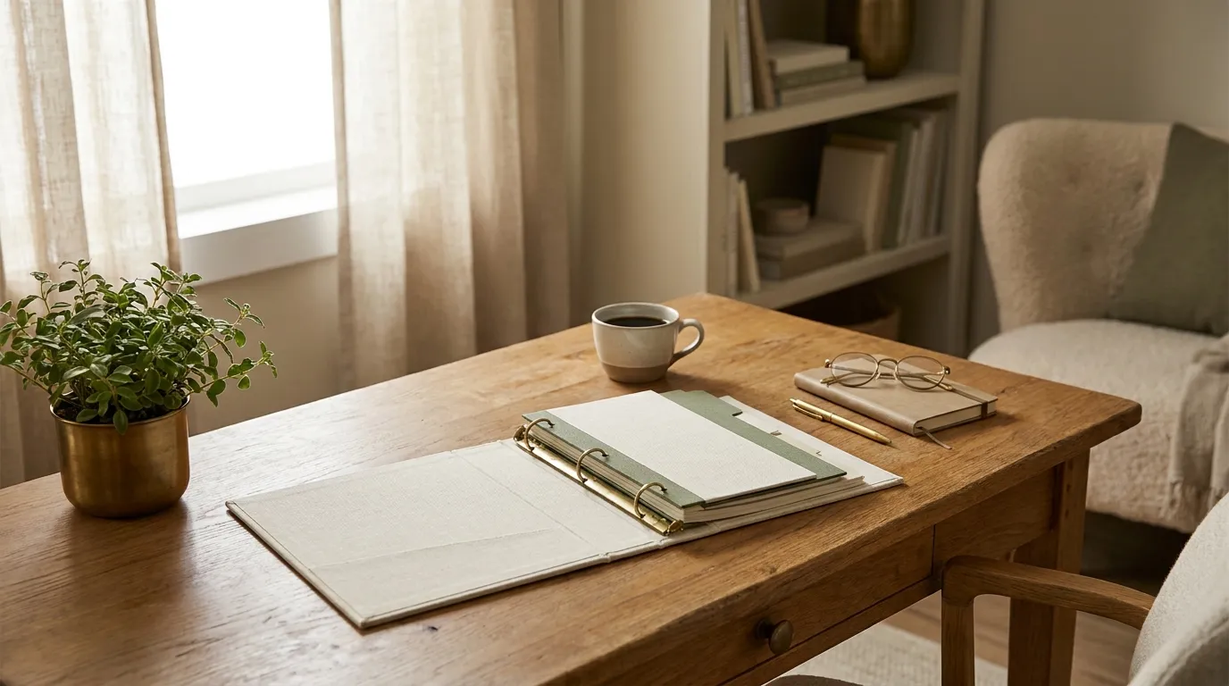 An open linen binder with tabbed sections on a tidy oak desk, with a cup of coffee and a small potted plant in morning light