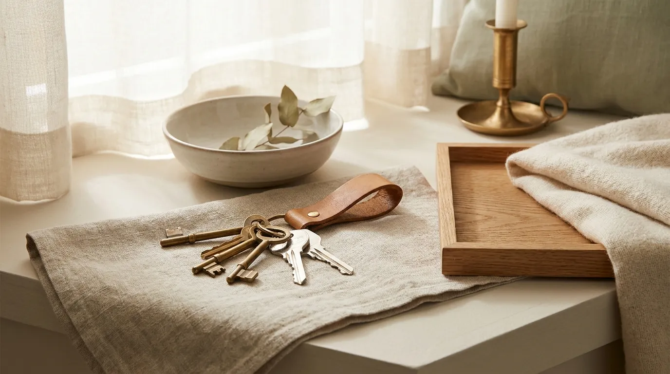A keyring with a mix of old brass keys and modern keys resting on a natural linen cloth in warm light