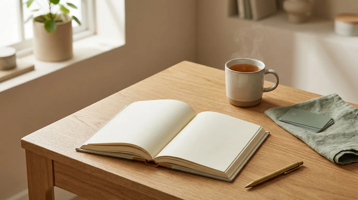 A tidy ledger notebook open beside a cup of tea, with bank cards neatly stacked on a linen cloth on an oak desk
