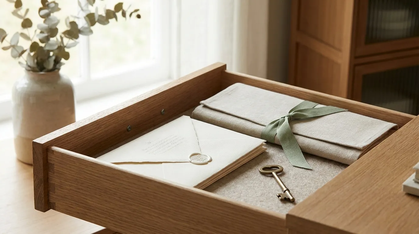 A last will and testament envelope resting in an open oak drawer beside a linen folder and a brass key