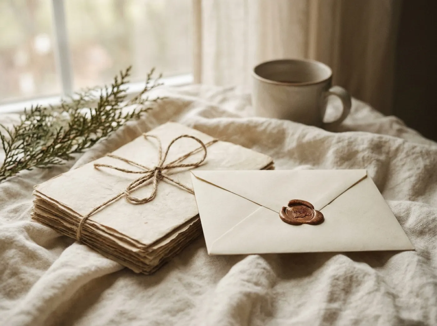A bundle of handwritten letters tied with twine beside a wax-sealed envelope on linen