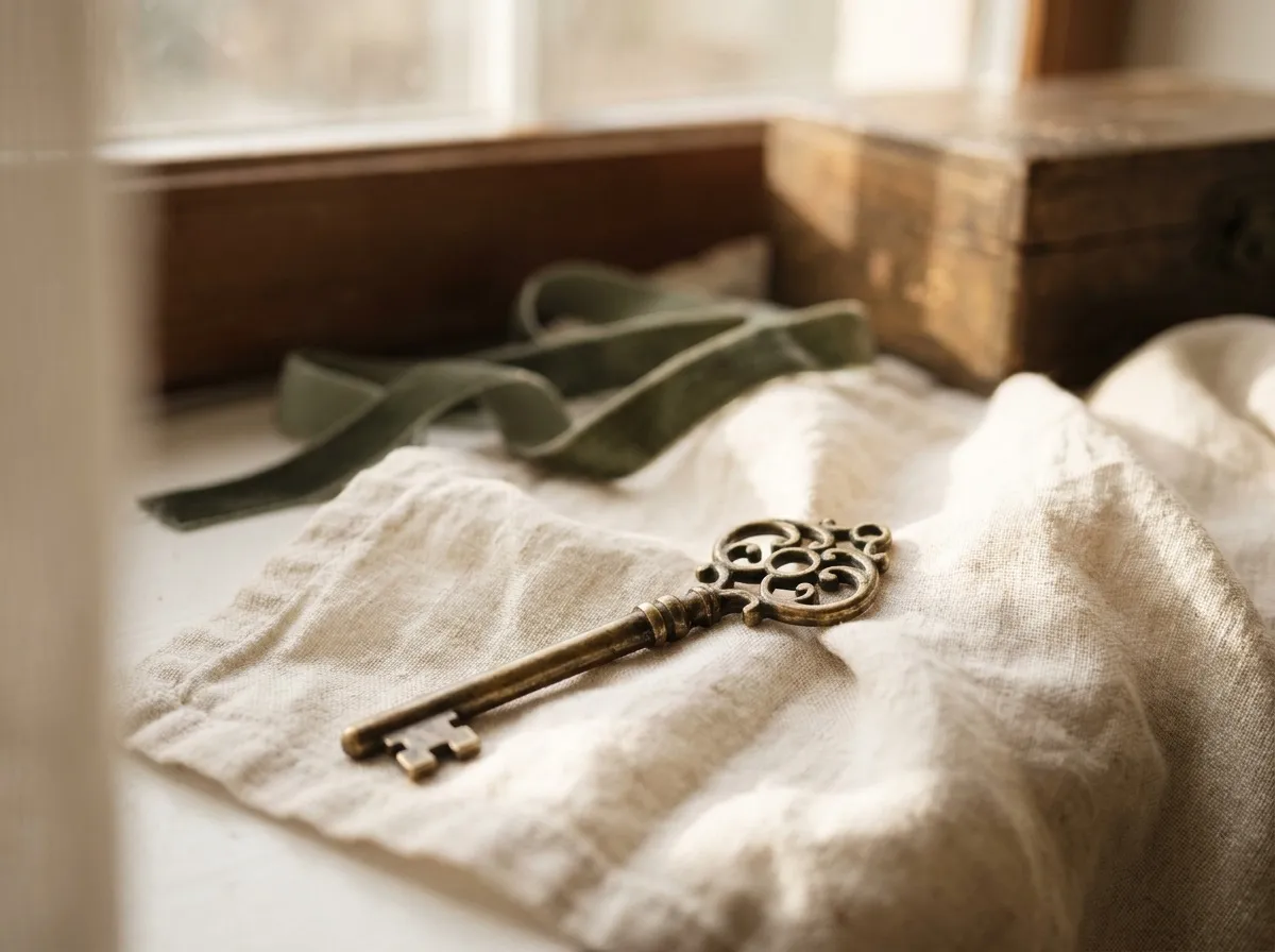 A single brass key resting on cream linen