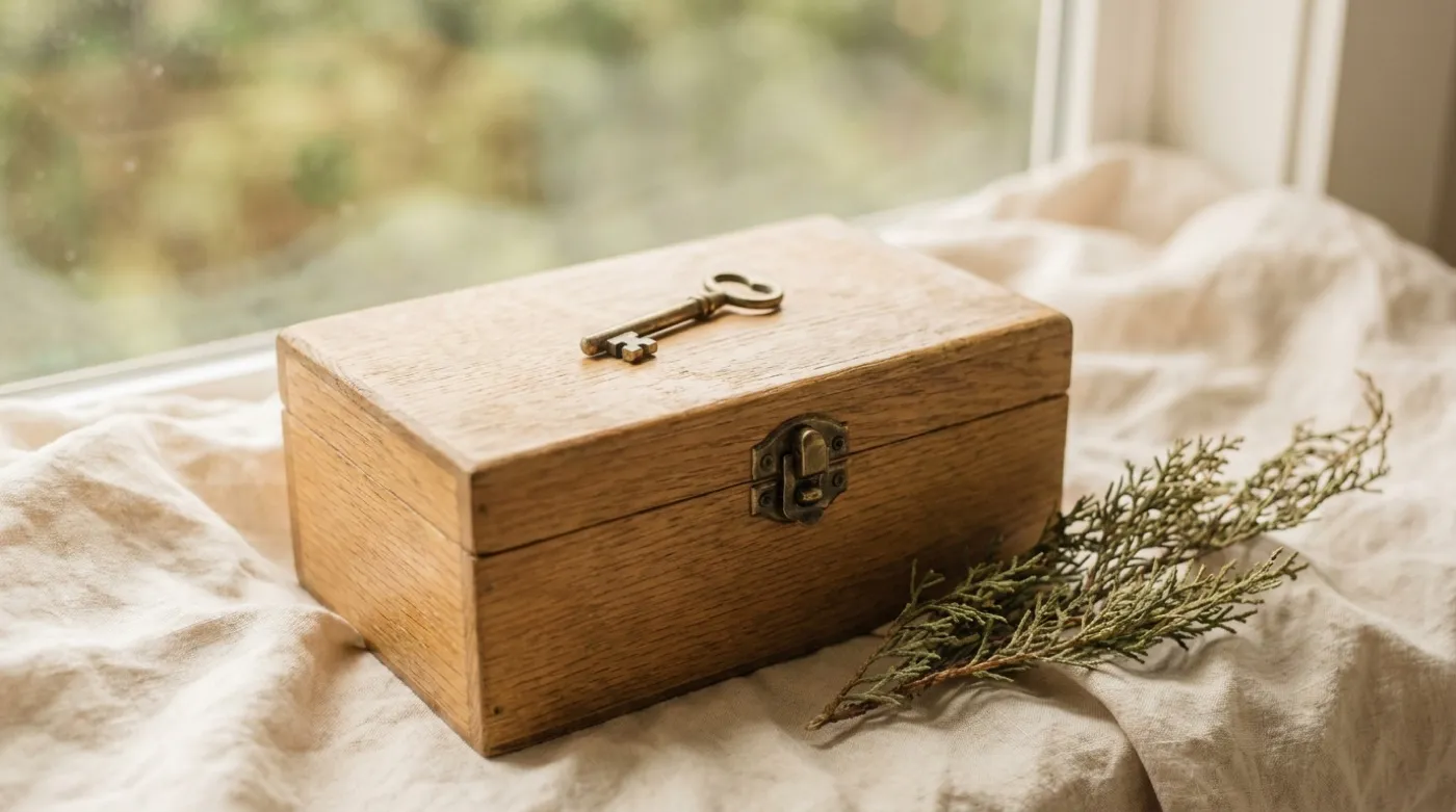 A wooden keepsake box with a brass lock and key, resting on linen by a window