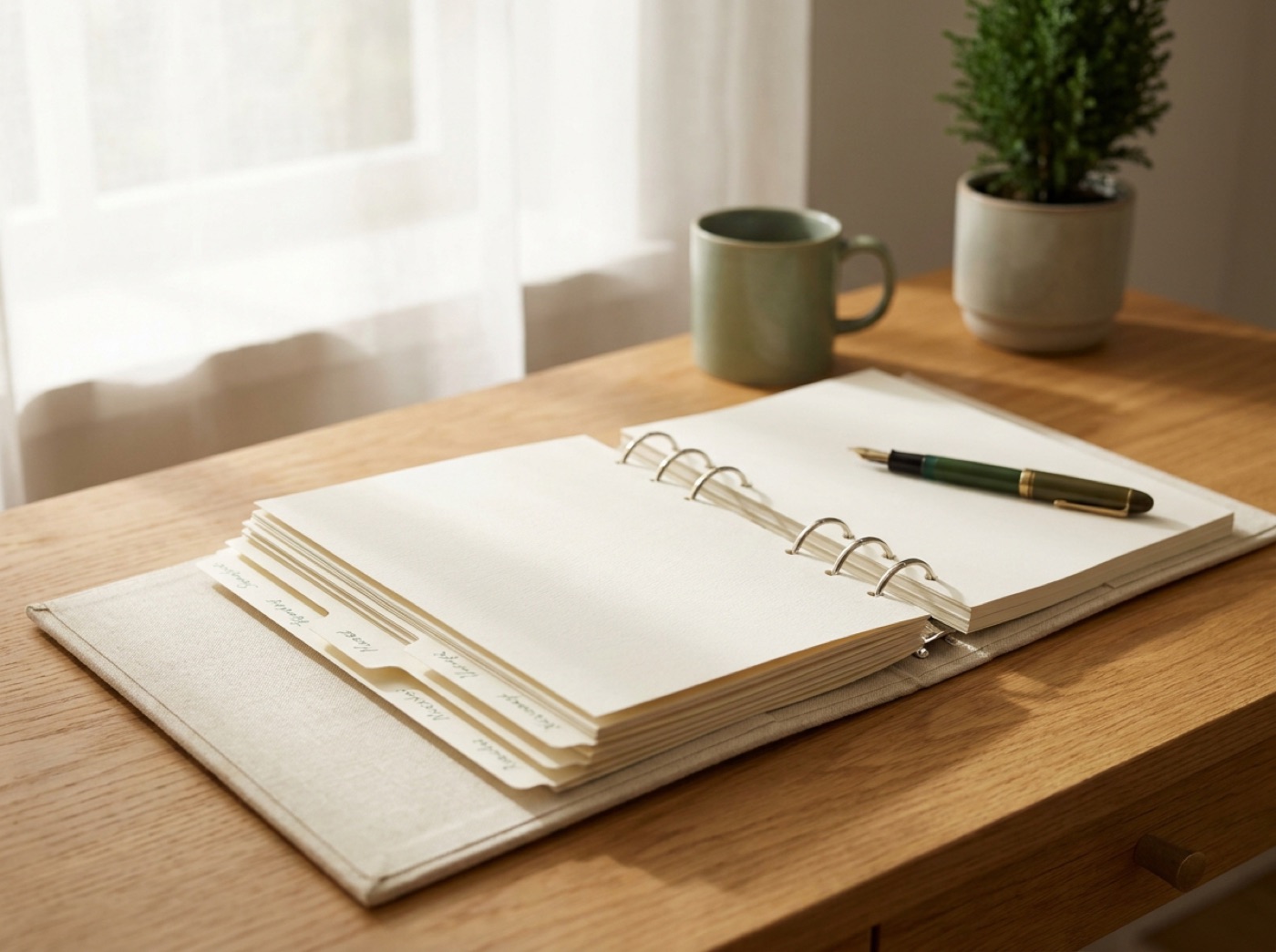 An open linen binder with neat labelled tabs and a fountain pen on a warm oak desk