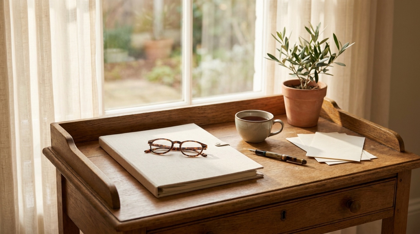 A calm, organised writing desk by a window — a linen folder, reading glasses and a cup of tea