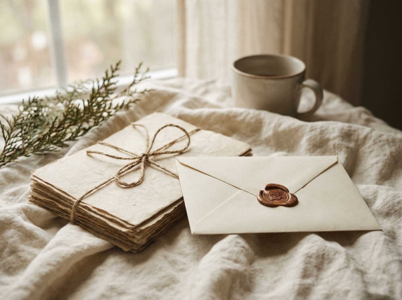 A bundle of handwritten letters tied with twine beside a wax-sealed envelope on linen
