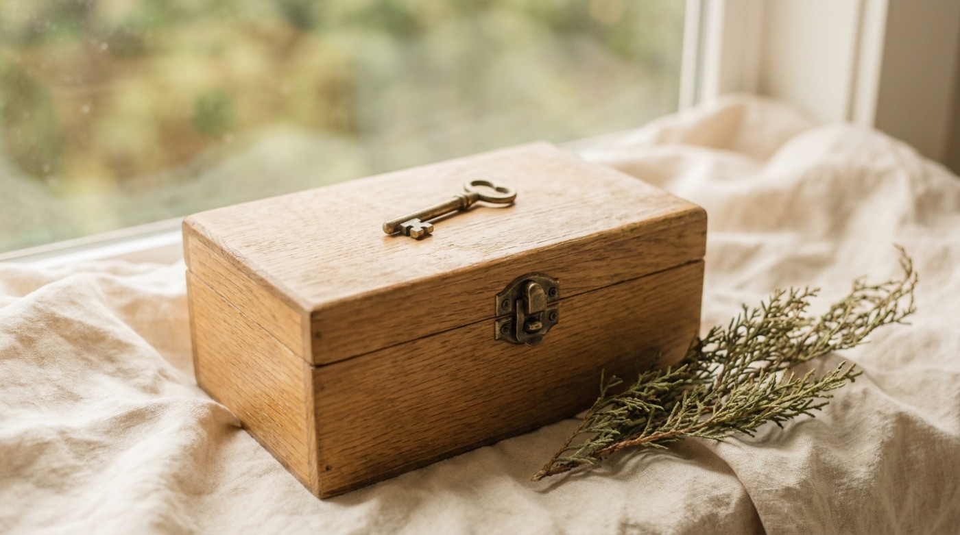 A wooden keepsake box with a brass lock and key, resting on linen by a window